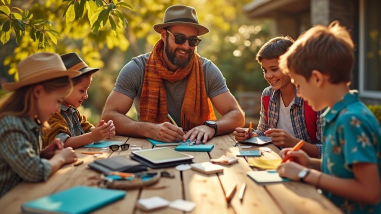 Dad journaling outdoors with kids during family travel