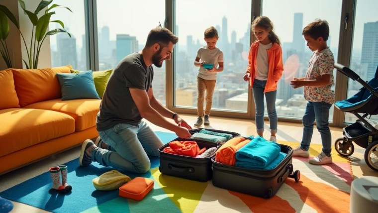 Stylish dads - dad packing a suitcase for family travel with kids indoors