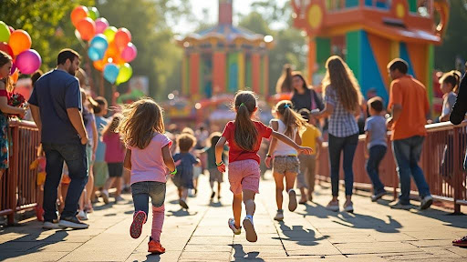 children running at a theme park with families and balloons