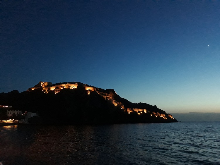 Myrina Castle lit up at night