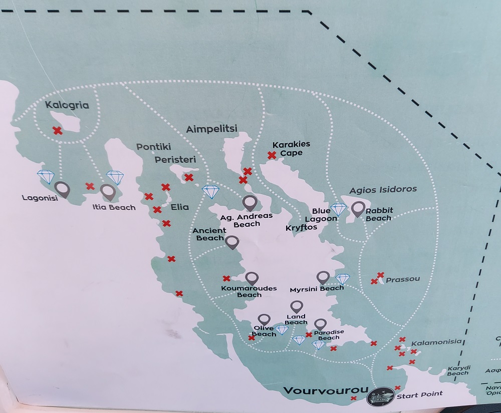 Map of Diaporos Island and its highlights provided by the rental company in Vourvourou.