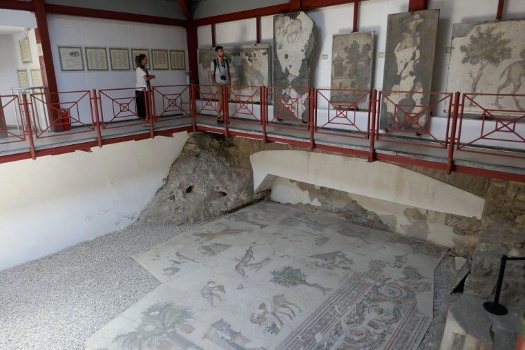 Well-preserved Byzantine mosaic in the Grand Palace Mosaic Museum of Istanbul.