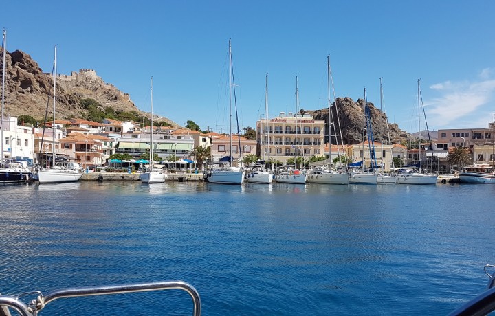 Myrina Lemnos port and castle from the water