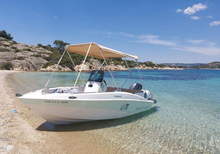 Our small rental boat on Diaporos Island