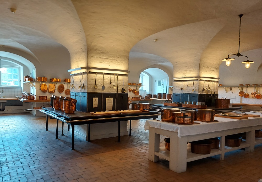 Beautiful copper kitcheware in the Royal Kitchen of Christiansborg Palace.